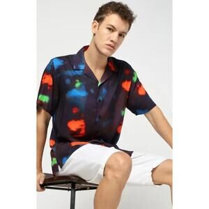 RSQ Multi-color Rayon Camp Shirt M Heat Map Abstract Cuban Aloha Vibrant Tie Dye